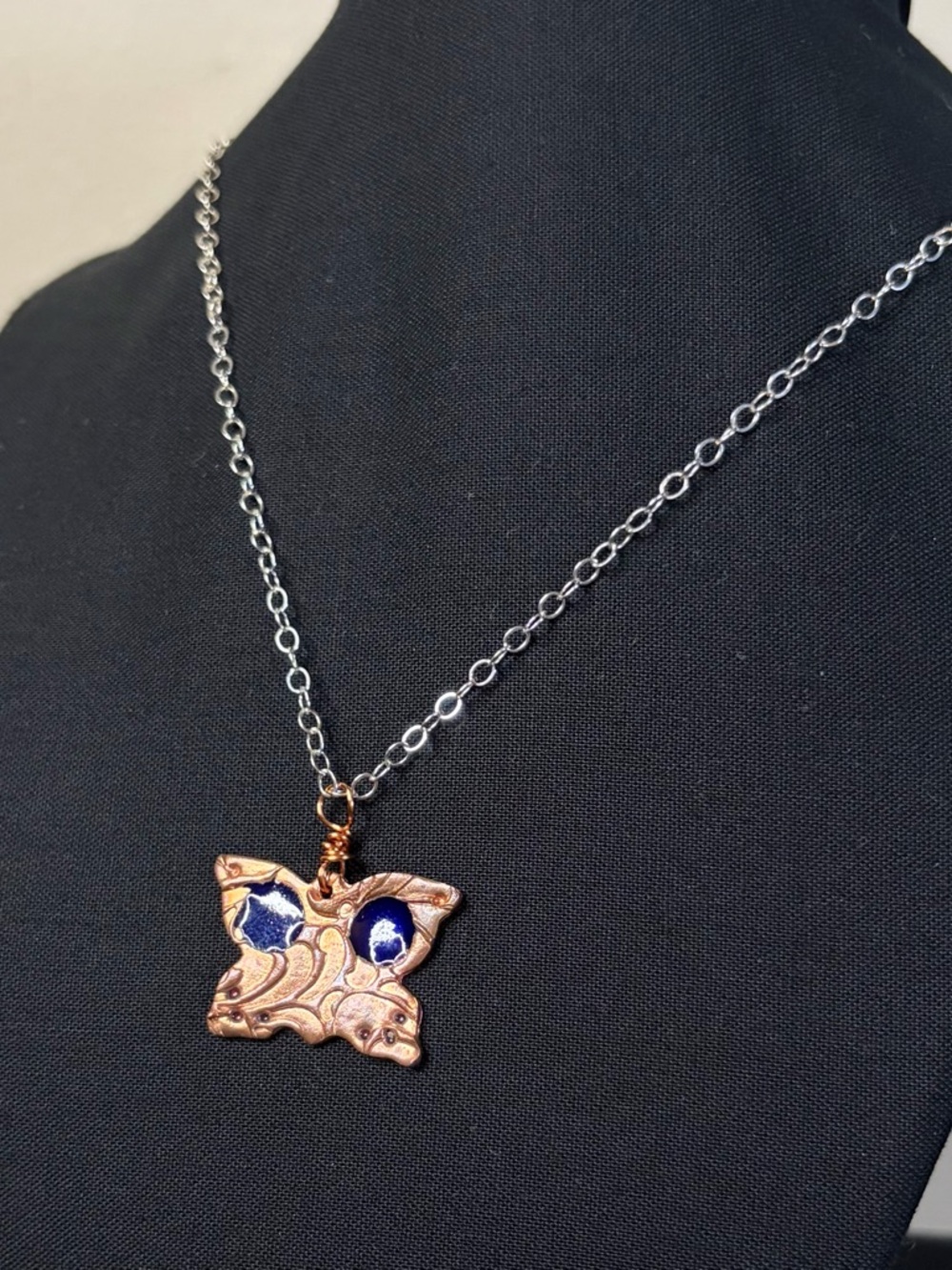 Copper Blue Enamel Butterfly Sterling Silver Artisan Crafted Necklace - Picture 8 of 8